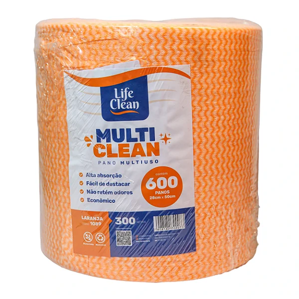 Pano Multiuso Laranja 28cmx300m com 600 Panos | Life Clean