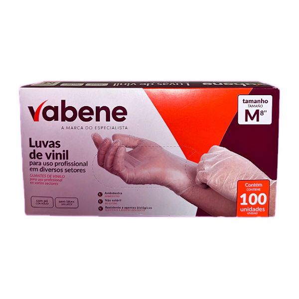 Luva de Vinil Média (M) com Pó com 100 Unidades | Vabene