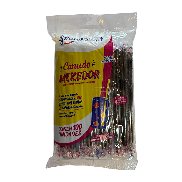 Canudo Preto com Mexedor com 100 unidades | Strawplast