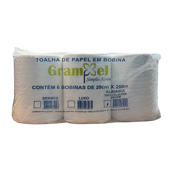 Papel Toalha em Bobina Alavanca com 6 Rolos de 20cm x 200m 100% Celulose Virgem | Grampel