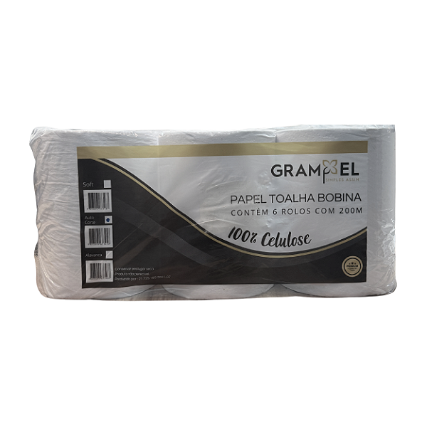 Papel Toalha em Bobina Auto Corte com 6 Rolos de 200m 100% Celulose Virgem | Grampel