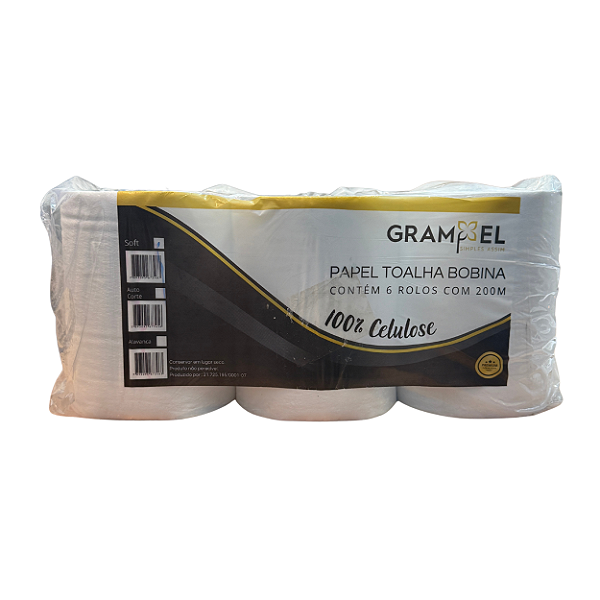 Papel Toalha em Bobina Soft com 6 Rolos de 200m 100% Celulose Virgem | Grampel