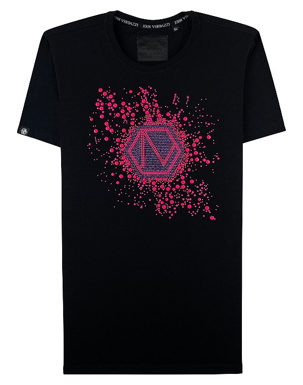 Camiseta masculina premium preta logo espirrado rosa