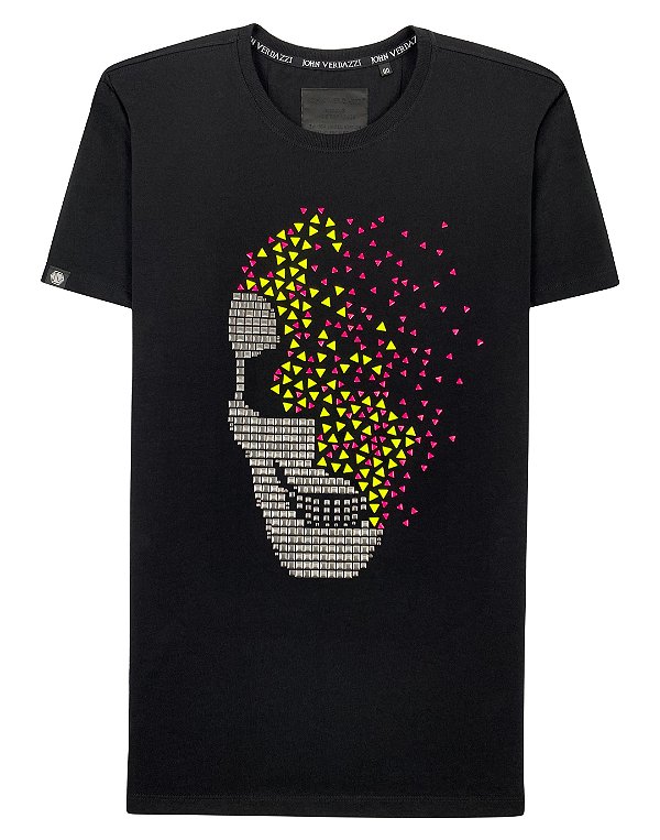 Camiseta masculina premium preta caveira fragmentada neon