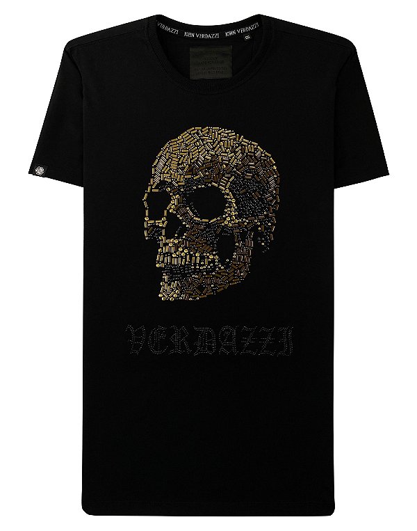 Camiseta masculina premium preta caveira granulada dourada