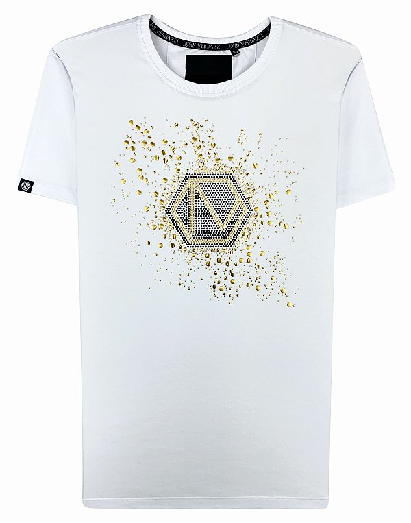 Camiseta masculina premium branca logo espirrado dourado