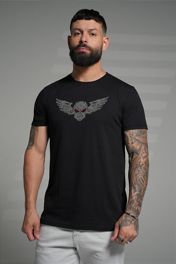 Camiseta slim premium black - skull wings