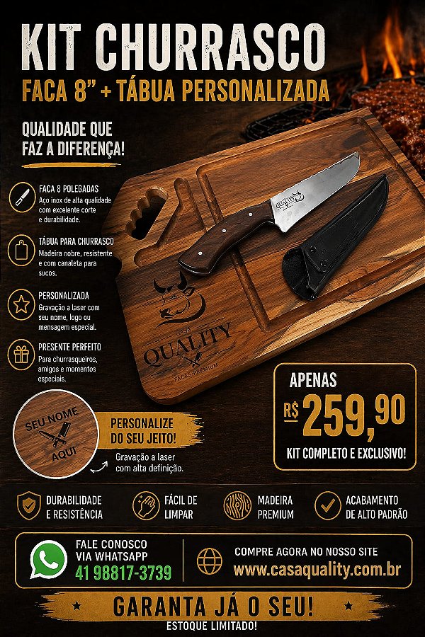 Kit Churrasco (Faca Picanheira 8 polegadas + Tabua teca )