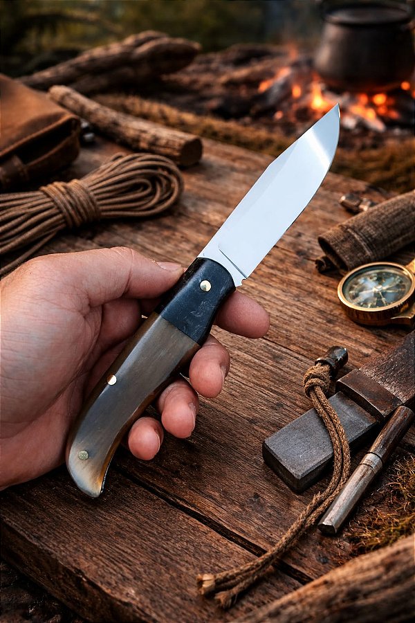 CANIVETE FORJADO , CABO EM MADEIRA ESTABILIZADA E CHIFRE