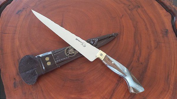 FACA ARTESANAL 8" , ACABAMENTO POLIDO e CABO HIBRIDO CINZA