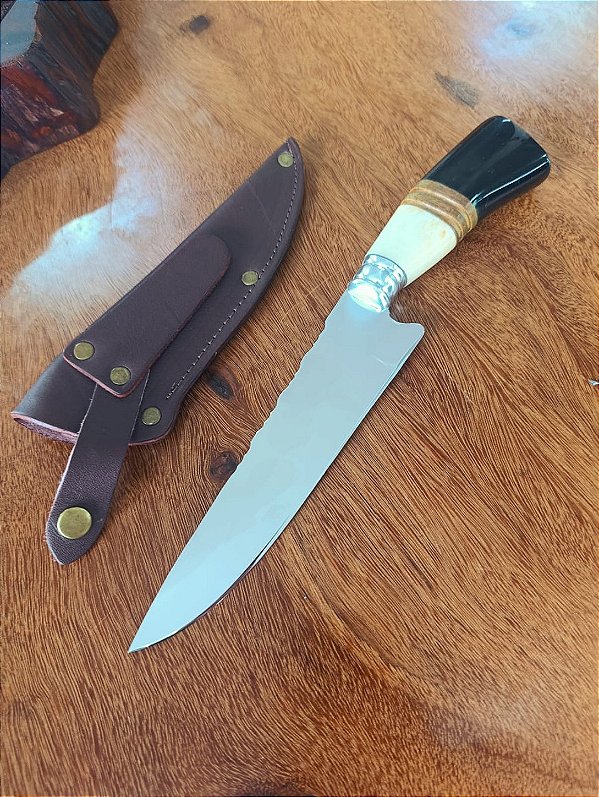 FACA ARTESANAL INOX CIRURGICO 7" CABO EM MADEIRA E RESINA