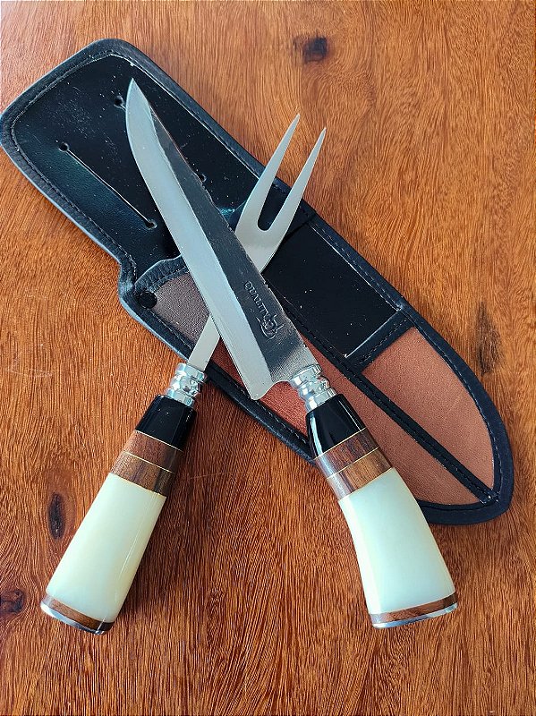 Kit Faca e Garfo inox – Com Bainha, Cabo Madeira e Resina