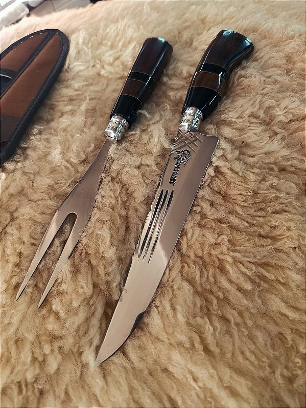 Kit Faca e Garfo inox – Com Bainha, Cabo Madeira e Resina