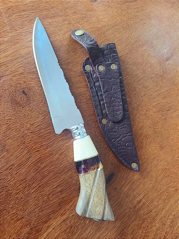 FACA ARTESANAL INOX CIRURGICO 7" CABO EM MADEIRA E RESINA roxinha