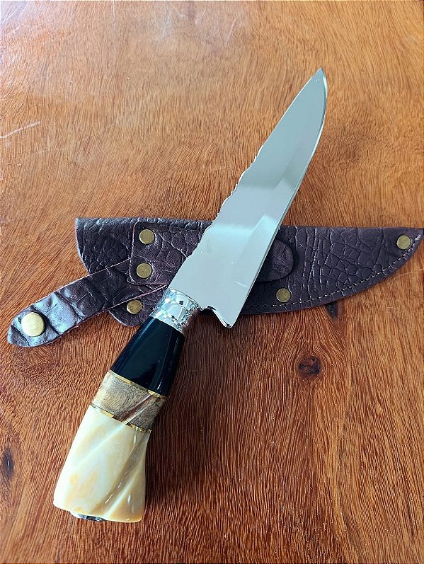 FACA ARTESANAL INOX CIRURGICO 7" CABO EM MADEIRA E RESINA