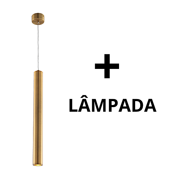 Lustre Luminária Pendente Tubo Tubeto Dourado Escovado 40cm + Lâmpada de Led Inl68