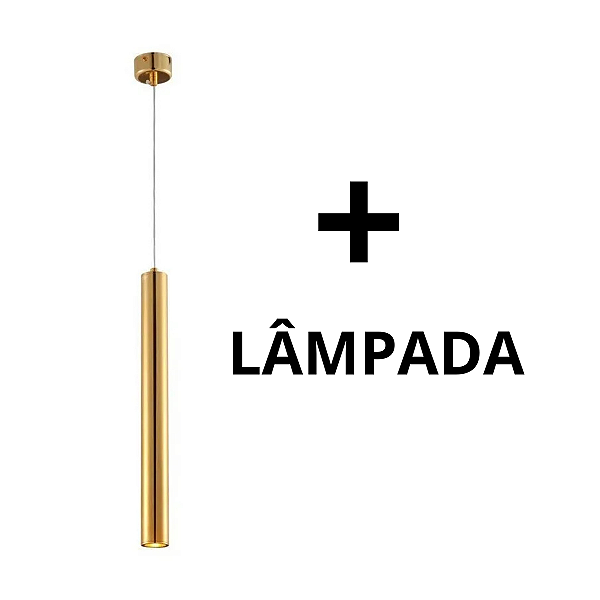 Lustre Luminária Pendente Tubo Tubeto Dourado Brilhante 40cm + Lâmpada de Led Inl69