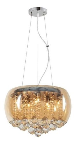 Lustre Pendente Cúpula 40cm Vidro Âmbar E Cristal Transparente Delicado Luxo INL77