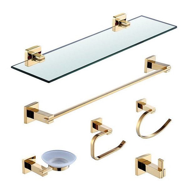 Kit Acessórios De Banheiro Lavabo 6 Peças Dourado Luxo IKAB02