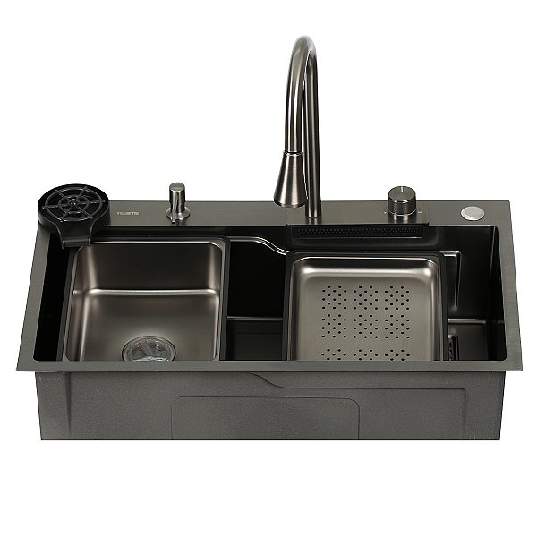Cuba Cascata Gourmet Premium Aço Inox 304 com Válvula, Dispenser, Torneira, Cifão, Cestos, Tábua e Lavador Copos ICB17