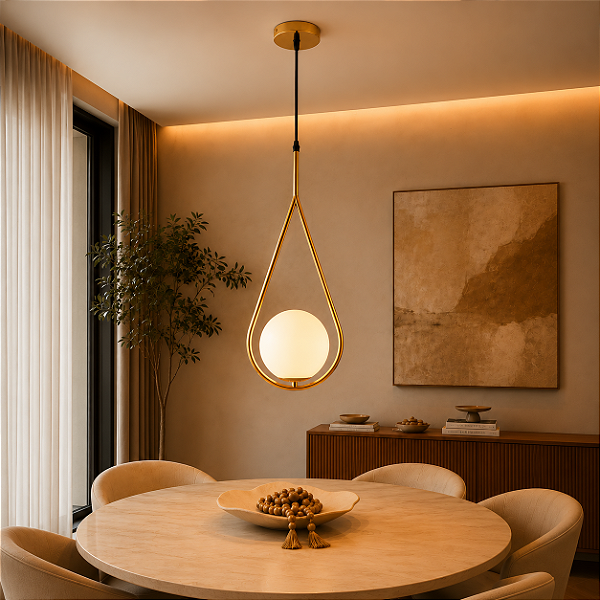 Luminária Pendente Lustre Aro Gota Dourado Bola Globo Esfera Opaco Leitoso Moderno Luxo INL116
