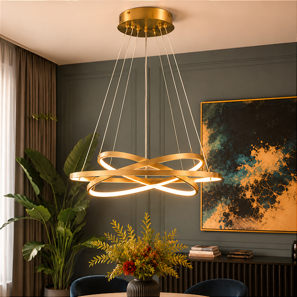 Luminária Pendente Lustre Led 3 em 1 Arco Anéis Infinito Dourado Moderno Luxuoso INL119