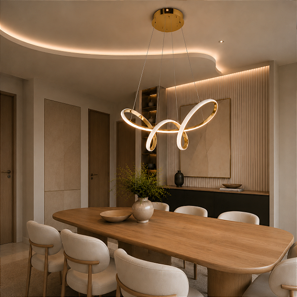 Luminária Pendente Lustre Led 3 em 1 Infinito Dourado Moderno Luxuoso INL118