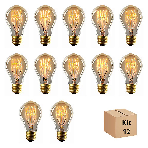 Kit 12 Lâmpada Filamento Carbono A19 40w Branco Quente