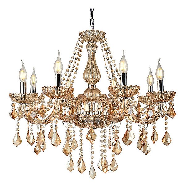 Lustre Candelabro Pendente Luxo Cristal Legitimo Âmbar 8 Braços Sala Quarto Escritório Cozinha INL51