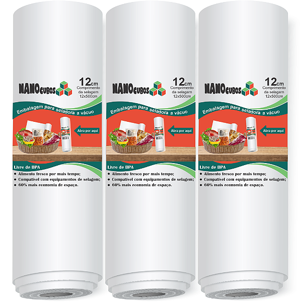 3 Rolos Nanocubos 12x500cm Embalagens Sacos refil bobina com Ranhura Gofrada para Seladora A Vácuo