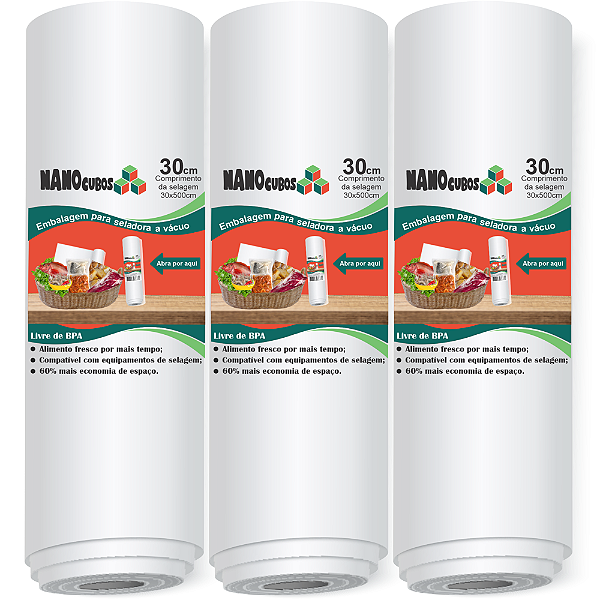 3 Rolos Nanocubos 30x500cm Embalagens Sacos refil bobina com Ranhura Gofrada para Seladora A Vácuo