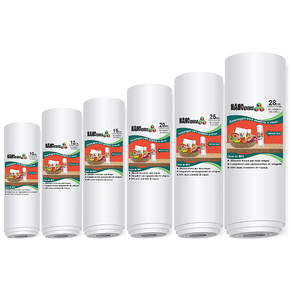 Kit 6 Rolos 10/12/15/20/25/28x500cm Nanocubos Embalagens Sacos refil bobina com Ranhura Gofrada para Seladora A Vácuo