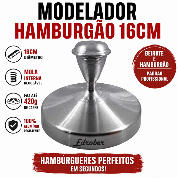 Modelador de Hambúrguer 16 cm em Alumínio para Chapa e Lanches