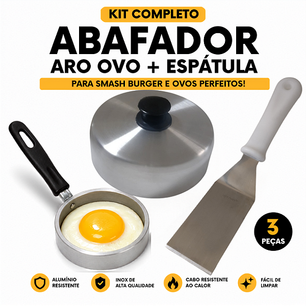 Kit Abafador Hambúrguer Aro Ovo Espátula Inox Profissional