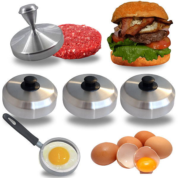 Kit Hambúrguer com Prensador, Modelador, 3 Abafadores e Forma de Ovo