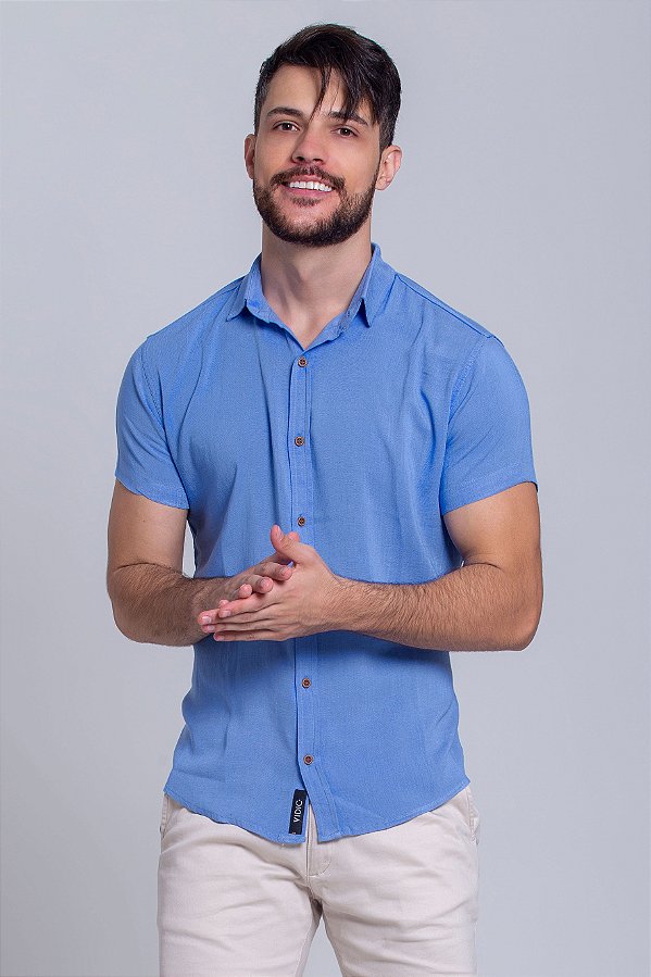 Camisa Viscolinho com Elastano Manga Curta Azul Vidic