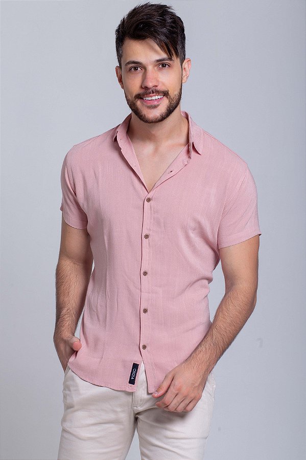 Camisa Viscolinho com Elastano Manga Curta Rosa Vidic