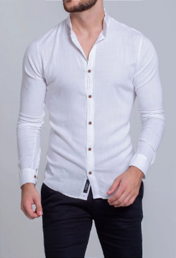 Camisa Viscolinho com Elastano Gola Padre Manga Longa Branca Vidic