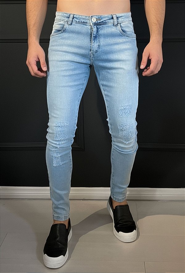 Calça Jeans Super Skinny Azul Claro com Puidos