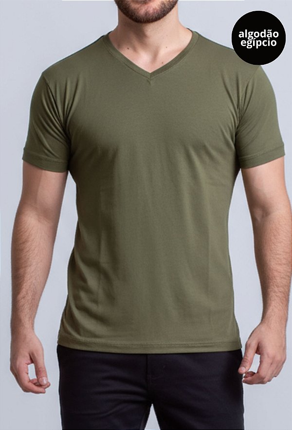 CAMISETA BÁSICA ALGODÃO EGÍPCIO GOLA V VERDE  MILITAR VIDIC