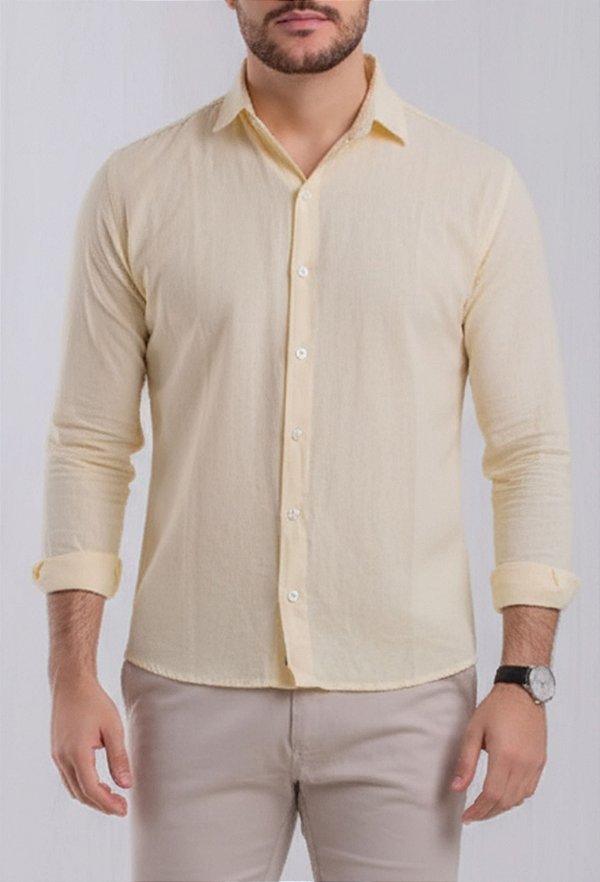 Camisa Linho Amarela Vidic Manga Longa