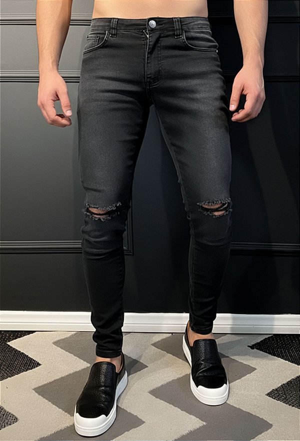 Calça Jeans Preta Destroyed Super Skinny Vidic