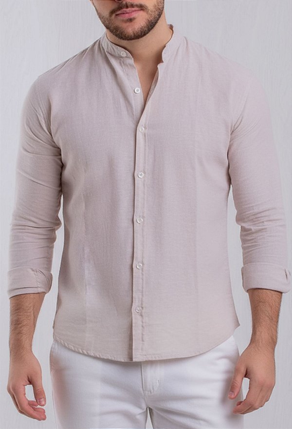 Camisa Linho Natural Gola Padre Manga Longa Vidic