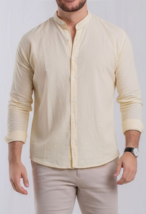 Camisa Linho Amarela Gola Padre Manga Longa Vidic