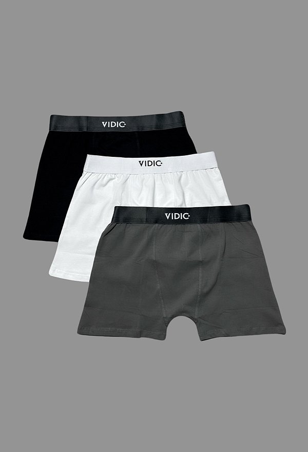 Kit 3 Cuecas Boxer Vidic Preta/Branca/Cinza