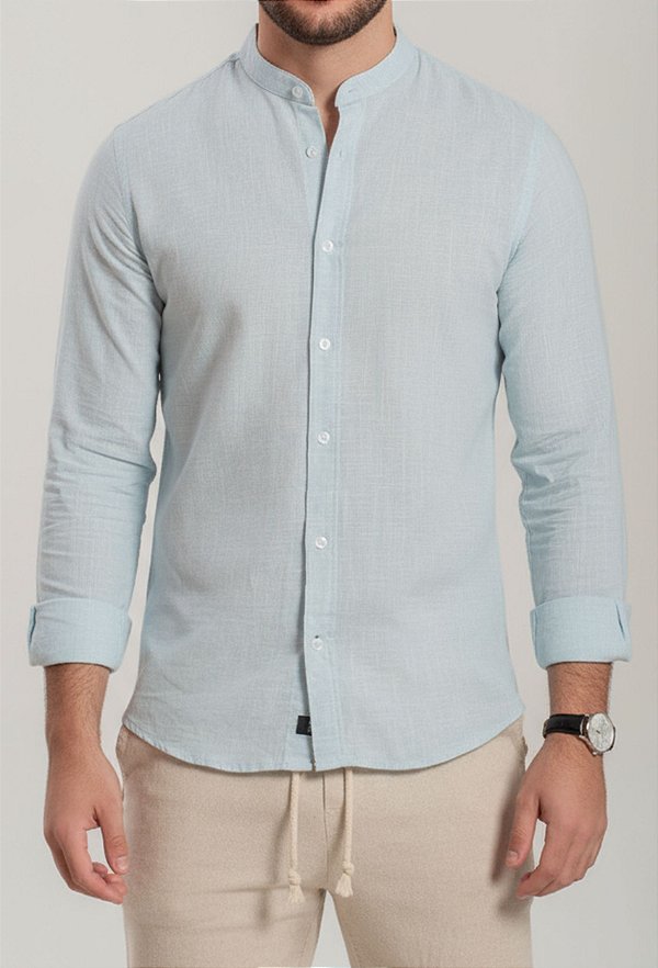 Camisa Gola Padre Linho Azul ML