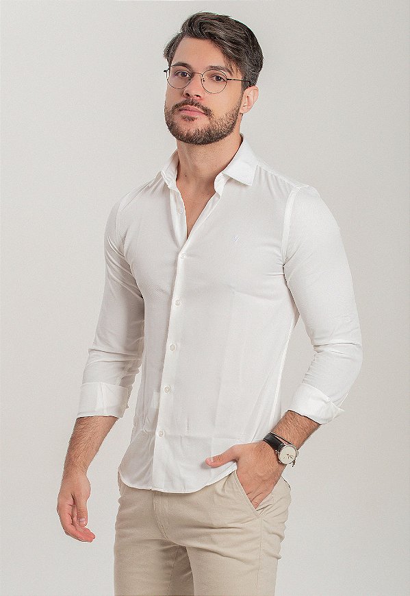 Camisa Tecnológica Branca Com Elastano Slim