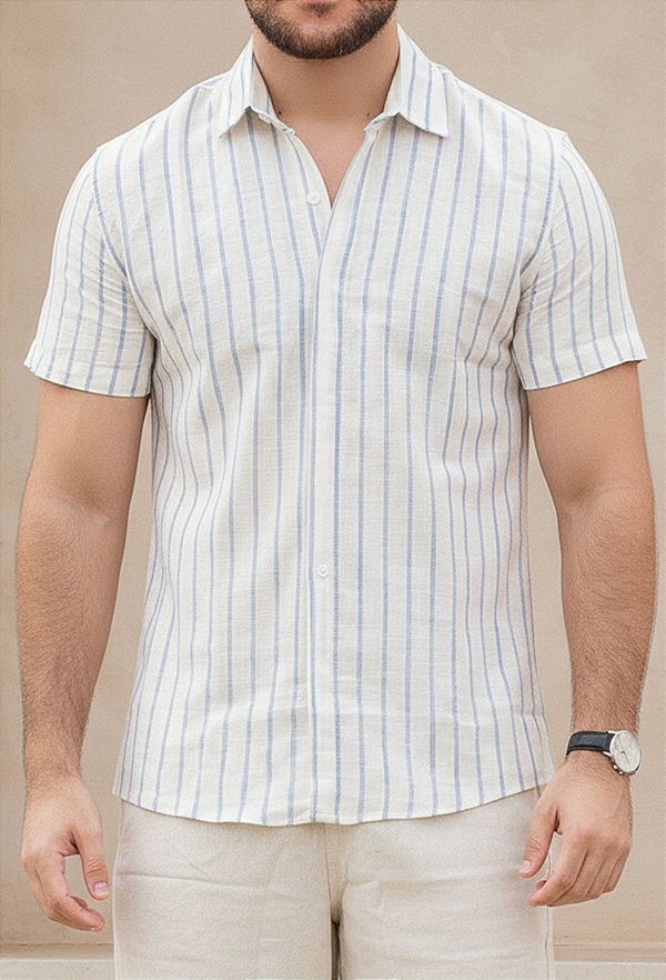Camisa Linho Listrada Azul e Branco MC
