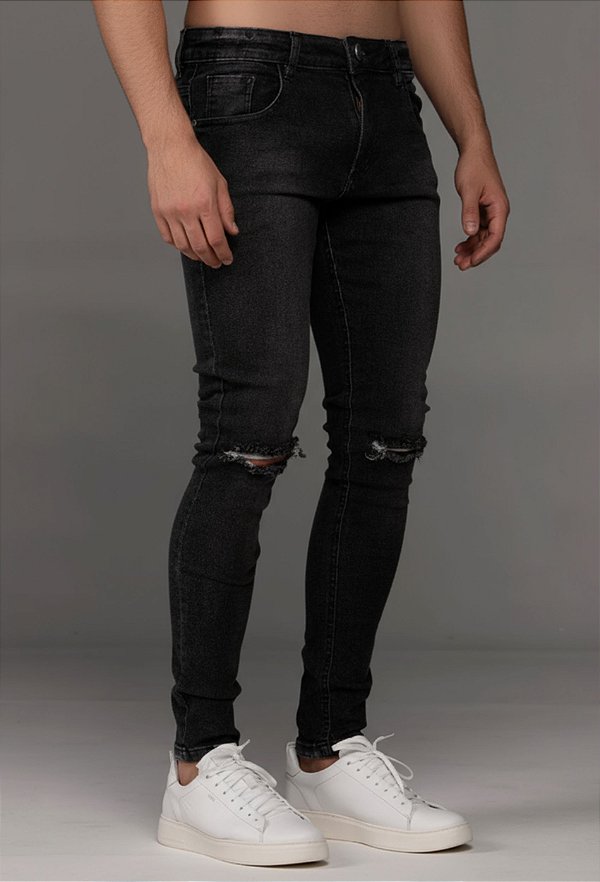 Calça Jeans Super Skinny Vidic Preta Destroyed