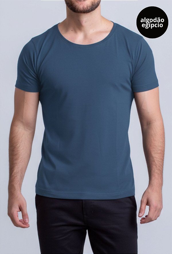 Camiseta Algodão Egípcio Vidic Gola Canoa Azul Petroleo